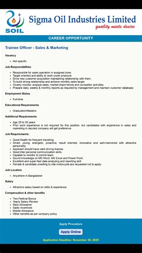 Sigma Oil Industries Limited Job Circular Post: Trainee Officer (Sales & Marketing) Application Deadline: 30/11/2025 #jobcircular #job #jobalert #jobs #jobseekers #jobopportunity #jobfair #JobFair2025 #bdjobcircular #bdjobs #jobcircular #jobvacancy2025 #jobvacancy #jobsearch #jobcircular2025 #JobVacancies2025 #JobAlert2025 #jobopportunities #jobopening #jobvacancies #jobforyou #Bangladesh #allfollower | Daily Notice Publish