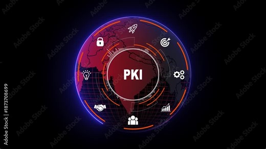 Public Key Infrastructure PKI Security HUD Interface with Global Map, Encryption Icons, Secure Network Visualization and Futuristic Dashboard