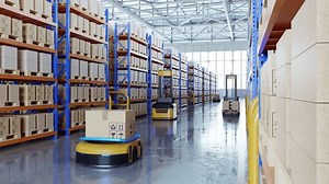 An army of robots efficiently sorting hundreds of parcels per hour(Automated guided vehicle) AGV.3d rendering