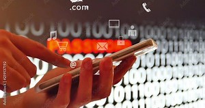 4k browsing on smartphone with Binary source code background,virtual internet concept,on-line services icons-discussion,social media,e-mail,e-shop,cloud computing,music,smartphone,chart,lock.
