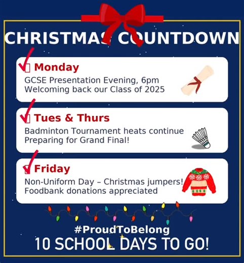🎄 The Christmas countdown continues at Ormskirk School! 🎄 As always, we’re celebrating great attendance — every day in school counts, and students are working towards our exciting reward trip next half term. Plus… a fun final day of term is just around the corner! Here’s what’s happening week B: 📘 Monday – GCSE Awards Evening We’re excited to welcome back our Class of 2025 as they are formally presented with their GCSE certificates and awards. We look forward to celebrating your achievements 
