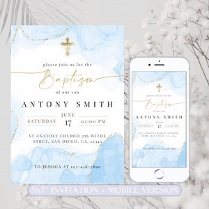 Modern Baptism Invitation Template, Baptism Invitation Phone, Blue Watercolor Boys Gold Baptism Evite, Digital Editable Invite Christening - Etsy