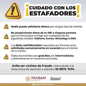 1.1K views · 12 reactions | ⚠️Evita ser víctima de fraude, Fonacot nunca te solicitará dinero o datos personales a cambio de cualquier trámite. No te dejes sorprender y sigue estas recomendaciones: cutt.ly/719hnBE | Secretaría del Trabajo y Previsión Social | Facebook