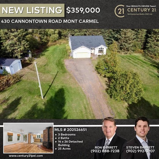 For more information: https://century21pei.com/listing/430-cannontown-road-route-165-mont-carmel-prince-edward-island-c0b-2e0-29034554/ Tucked away on a peaceful country road just minutes from the beach, this rancher style one level 3-bedroom, 2-bathroom home offers the perfect blend of privacy and island charm. Set on 25 beautiful acres, the property features a brand new roof, has been freshly painted from top to bottom, and boasts a new front patio (not yet shown in photos) — ideal for relaxin