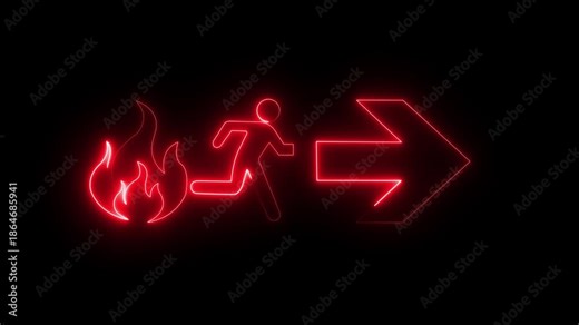 neon fire and exit symbol icon . Emergency exit sign with stick figure running at the door with arrow on a black background. Emergency exit sign Protection symbol Fire icon Motion graphics.4k video