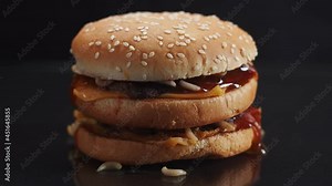 Closeup of burger on dark background on which insect larvae maggot crawl. Worm larvae crawl and eat burger. Concept of contaminated and unhealthy food