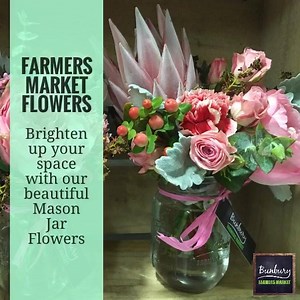 NOW AVAILABLE FROM THE BFM FLORISTS... The super-talented and beautifully creative Farmers Market Florists have just finished putting together these cute little Mason Jar Flowers so I thought I'd share a cute little video to let you know... They'll make a gorgeous gift for someone you feel like giving a little treat to, even if that someone is you! :o) (Oh and in case you're wondering, they're $24.99 per jar) #flowers #masonjarflowers #bunburyfarmersmarket | Bunbury Farmers Market