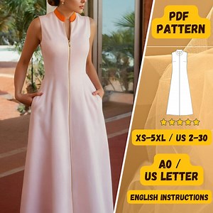 Sleeveless Zip Front Dress Sewing Pattern PDF, Mandarin Collar A-line Dress Pattern for Women, XS-5XL US 2-30, A0, Letter - Etsy