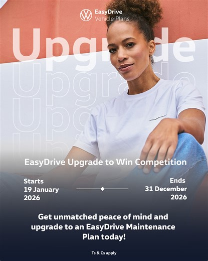 The EasyDrive Upgrade to Win competition is back like it never left! 😎 Make 2026 the year of smart decisions that protect you, and your VW for the future! Level up your cover with a minimum 4-year / 60,000 km EasyDrive Maintenance Plan (extend up to 15-years / 300,000 km) and boost your chances to WIN: ✔ Genuine Volkswagen Parts ✔ Nationwide expert service ✔ 24/7 Roadside Assistance Get your quote online or at a VW dealership nationwide: https://www.vw.co.za/en/owners-services/service-and-parts