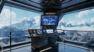 Experience a high-tech command center with stunning mountain views, featuring advanced screens and control panels in a futuristic setting
