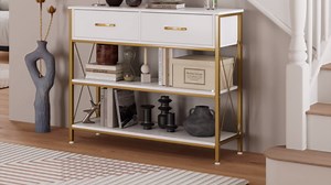 HITHOS Industrial Console Table with Drawers, Vintage Hallway Foyer Table with Storage Shelves, Narrow Long Sofa Entryway Table for Living Room, Dark Brown