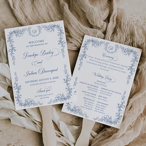 Dusty Blue Wedding Program Fan Template, Chinoiserie Ceremony Program Fan, Editable Program Fan, Printable Wedding Fan for Guests - EJ33B - Etsy