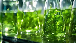 Bright green algae biofuel in laboratory flasks closeup backlit and in focus. Concept Algae Biofuel, Laboratory Flasks, Closeup Shot, Backlit, In Focus