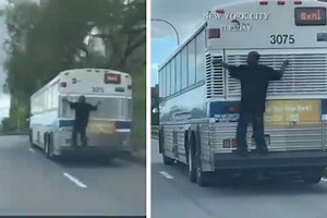 Shocking footage shows idiot clinging on to back of a 70mph BUS
