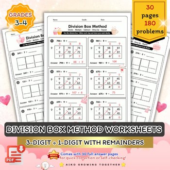 Valentine’s Day Division Box Method Math  Worksheets L2 for Grades 3–5