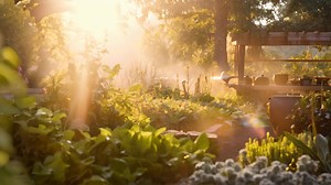 Download AI generated A mesmerizing scene of sunlight filtering through lush trees in a peaceful garden, A tranquil organic herb garden in the morning light, AI Generated for free