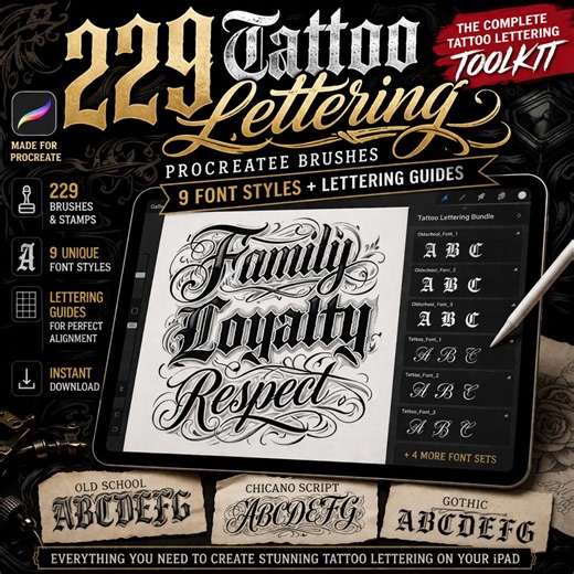 229 Tattoo Lettering Procreate Brushes | 9 Font Styles, Old School Script Stamps, Lettering Guide | Tattoo Font Bundle | Instant Download - Etsy