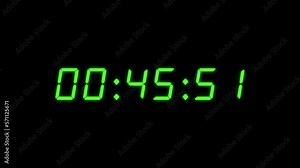6-digits 50 seconds digital clock countdown timer. Green digits on black colour bg. Retro digital alarm clock, count-down concept