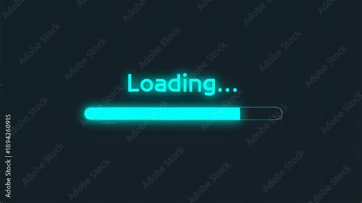 Animated loading screen with glowing progress bar and text. Represents digital waiting time and user interface experience in technology