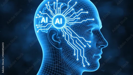 Wireframe Human Head with AI Circuitry and Electrical Sparks artificial intelligence technology.