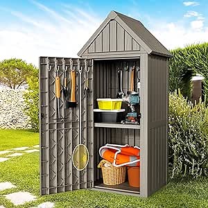 ONBRILL Multifunctional Storage Shed, Outdoor Storage Cabinet with Hooks and Lock Ring, Waterproof Outdoor Storage Shed for All Weather, Tool Outdoor Shed for Patio Lawn and Garden