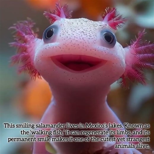 Axolotl smiling salamander. Unusual animal in the world.