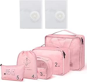 Lightweight Packing Cubes for Suitcase, 7 Set Waterproof Packing Organizers with Compression Vacuum Storage Bags, 4 Various Sizes and 5 Colors, Luggage Organizer Bags for Travel Accessories,(No
