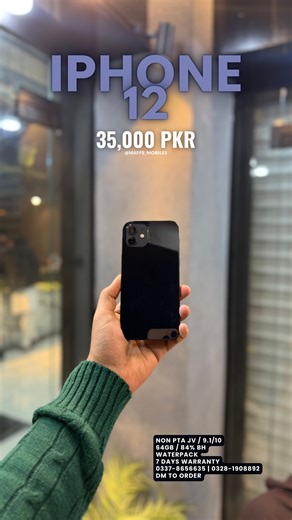 MAFFS MOBILE on Instagram: "📱 iPhone 12 – Midnight 🔥 Maffs Steal Deal 🔥 📶 NON PTA JV 💾 Storage: 64GB 🔋 Battery Health: 84% ✅ Waterpack ⭐ Condition: 9.1/10 💵 Price: 35,000 PKR 🚚 Delivery Available Across Pakistan (No COD) 🧾 7 Days Money Back Warranty Contact: 0337-8656635 | 0328-1908892 📲 DM @maffs_mobiles to Book/Order"