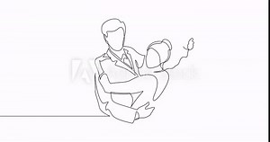 Animation of an image drawn with a continuous line. Bride and groom dancing at wedding ceremony.