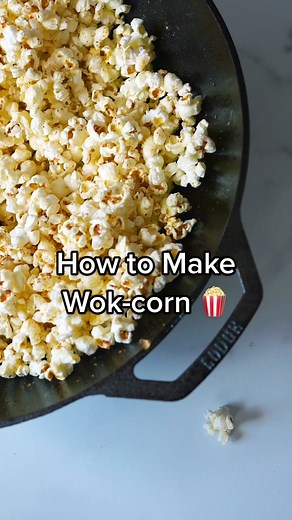 This is how Chef Kris uses his cast iron wok to make tasty popcorn. 1. Heat your wok over medium. Add oil and a couple of kernels. Top with a lid. Those kernels tell you when the oil is hot enough. 2. After the first kernel blows, add the rest! 3. Put the lid back on. 4. Wait until the pops are about 2-3 seconds apart, then remove from the heat. 5. Season with salt, brown sugar, chipotle powder, and butter. (Or your desired seasonings, up to you!) It's snack time! #lodgecastiron #castironcooking