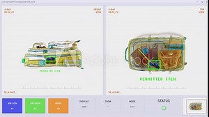 Modern X-Ray Visual Check Inspection Software Alerts Security Of Prohibited Items. X-Ray Visual Check For Illegal Objects Detection. X-Ray Visual Check Control Screen Interface. Plane Safety
