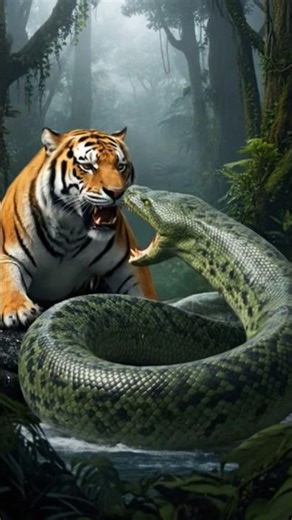 Tiger vs Giant Anaconda: Unreal Jungle Battle in 4K! 🐅🐍”. #DreamScreenAI #animagic #vizbig #aishorts