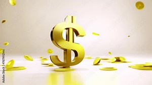 USD golden dollar sign. Gold coin in 3D animation with a rotating Dollar sign on beige Background. For Business and Financial Concepts. The US Dollar is the official currency of the US 4k