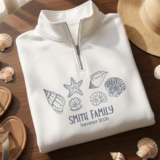 Custom Embroidered Seashell Quarter Zip, Family Beach Crew Shirt - Etsy