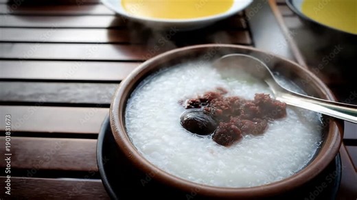 Hot Steaming Bowl of Traditional Asian Congee with Savory Toppings on a Rustic Wooden Table.