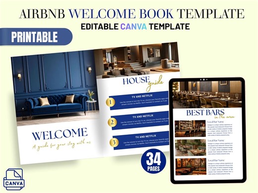 Digital Airbnb Welcome Book – Blue and Gold Canva Template (digital Download) - Etsy