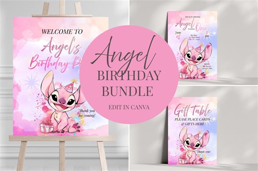 Angel Birthday Invitation Bundle, Pink Cartoon, Canva Template (digital Download) - Etsy