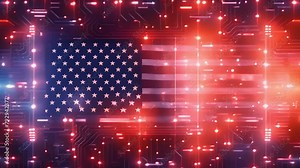 American flag intertwined with digital symbols, representing democracy and digitalized elections