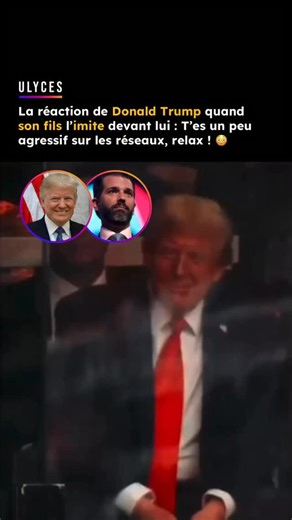 611K views · 58K reactions |  À l’occasion des funérailles du débatteur ultraconservateur et trumpiste Charlie Kirk, le fils aîné de Donald Trump, Donald Trump Jr, a imité son père lors d’un discours, provoquant le rire du président américain alors que les caméras filmaient sa réaction. Crédit : Turning Point USA | Ulyces | Facebook