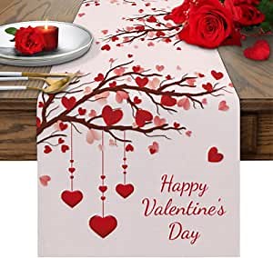 Valentines Table Runner 70 Inch Happy Valentine's Day Table Runners for Dining Room Love Heart Tree Branch Dinner Runner Anniversary Wedding Banquet Decor