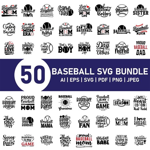 50 Baseball SVG Bundle, Baseball Clipart Designs, Team Style Designs, Bats, Players and Monograms, SVG PNG for Cricut & Silhouette - Etsy