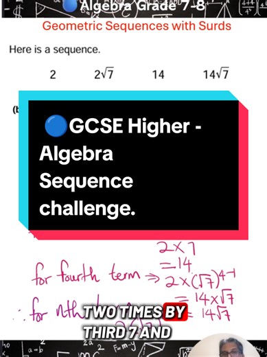 Higher GCSE Algebra 🔵 A sequence question where many students immediately think additive — but this one uses multiplication. Remember: ✔ Check the multiplier first ✔ Look for surd patterns carefully ✔ Use powers when comparing terms Pause the video and try before the answer appears. Follow Maths Motion for daily GCSE and A-Level Maths questions. #gcsemaths #highermaths #algebra #sequences #surdmaths