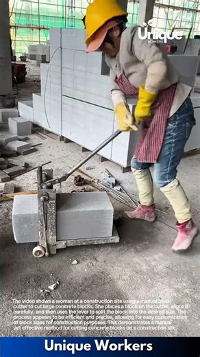 Manual Block Cutter: Woman Cuts Concrete Blocks with Ease