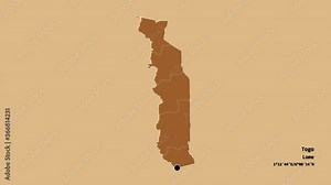 Plateaux, region of Togo, with its capital, localized, outlined and zoomed with informative overlays on a solid patterned map in the Stereographic projection. Animation 3D