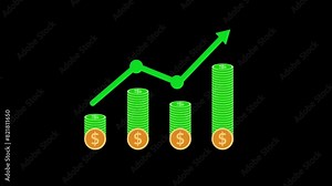 Dollar coin graph bar chart green black background, business graph with arrow Stock Video