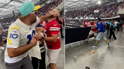 Crazy moment male NFL fan strikes a woman during wild brawl between Rams and 49ers supporters in Los Angeles