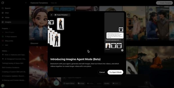XAI 🚨: A new Imagine Agent is rolling out on Grok web in Beta! Imagine Agent can generate images and videos on an open canvas view. It can perform quite complex tasks, such as "generate a 1-minute film", "generate UGC product stories", "generate a complete manga set", and more. This is quite a huge release! Did you get it too?