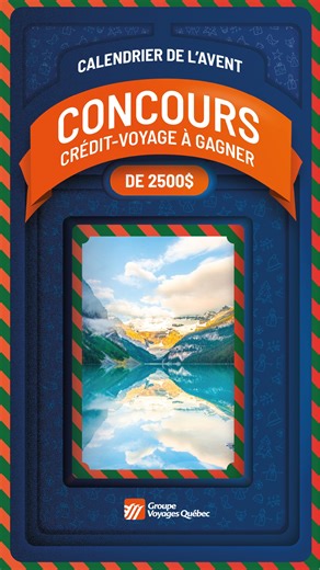 Calendrier de l’avent : gagnez un crédit-voyage de 2500$ 📆🎅 Participez au concours du 1er au 24 décembre: 1️⃣ Écoutez la vidéo sur le forfait en vedette et notez l’indice du jour; 2️⃣ Remplissez le formulaire : lien.gvq.ca/ConcoursCalendrierAvent; 3️⃣ Participez à nouveau demain avec un nouvel indice. Une participation par jour = une chance de gagner. Le forfait en vedette ✨Au cœur des Rocheuses canadiennes : les trésors de l'Alberta ⛰️ Glaciers, dinosaures, villes et montagnes…vivez l'Alberta