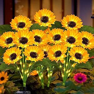 Solar Garden Lights Outdoor, 4 Pack Sunflower Lights with 24 Real Looking Flowers, Waterproof Summer Garden Decor Solar Flowers for Yard Backyard Patio Flowerbed Yard, Gift for Mom Women