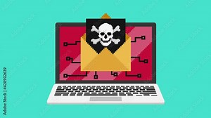 2D animation of virus infected email on laptop screen. Once the email is open, it begins to infect the laptop with computer viruses and takes control of the device. Flat design animation. Stock Video